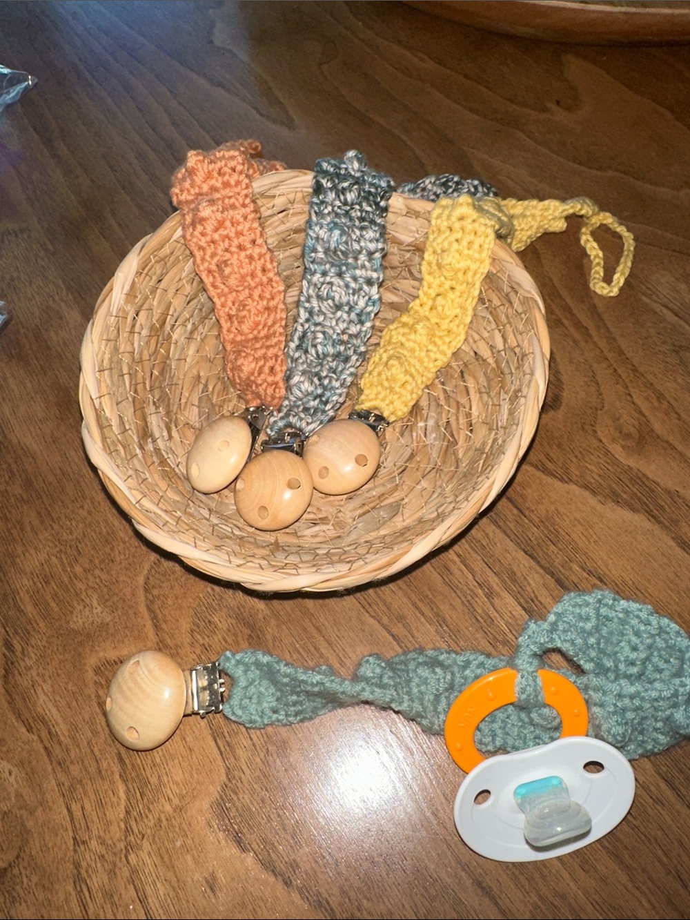 Handmade Crocheted Pacifier Clips - Yellow, Orange, Green, bundle of 3!